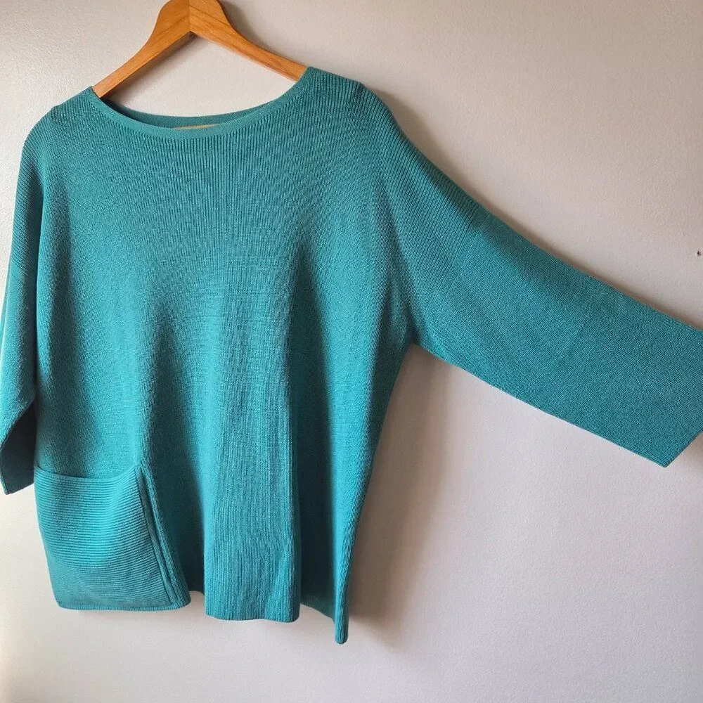 EUC DESIGNER LAFAYETTE 148 TEAL BOATNECK BOXY RELAXED SWEATER TOP SIZE M